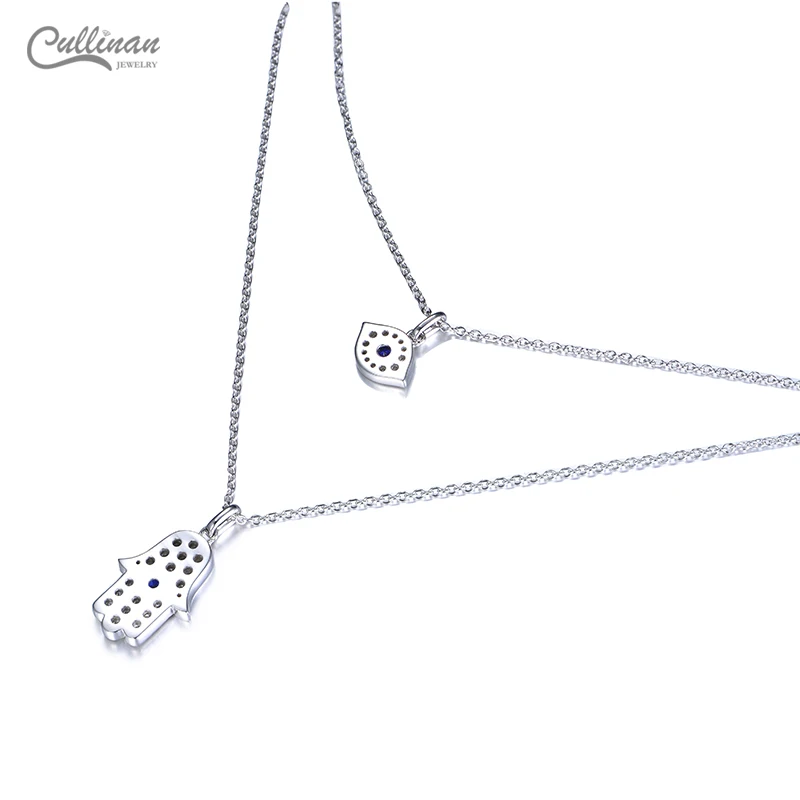 High Quality 2021 New Design 925 Sterling Silver Blue Sapphire Zircon Stone Hamsa Hand Evil Eye Layered Necklace
