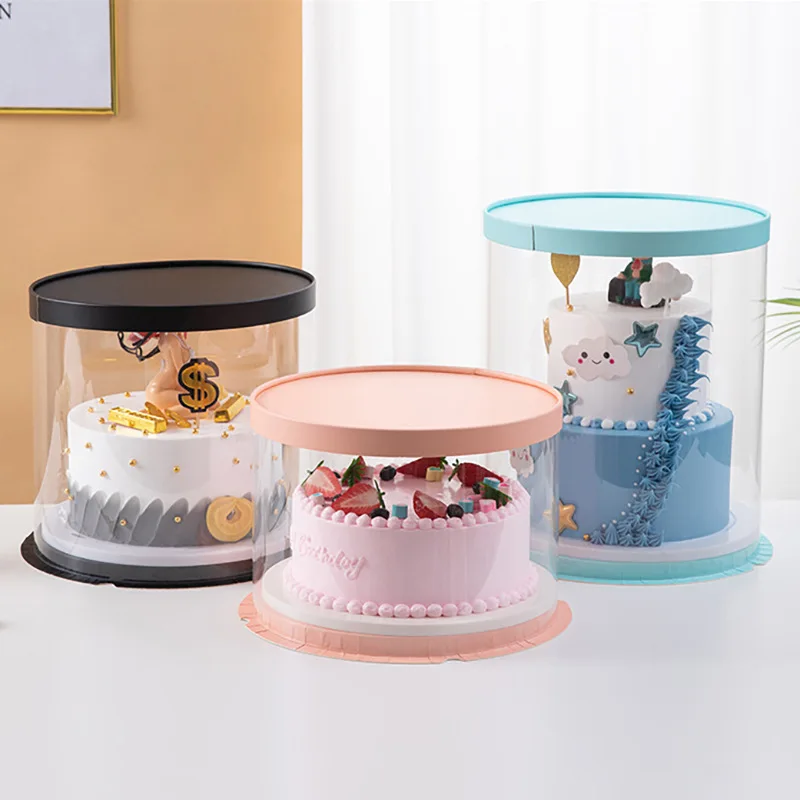 Food grade Pet Round Wedding Cake Boxes8'10'12' Pet Plastic Clear Gold Birthday Cake Box with ribbon