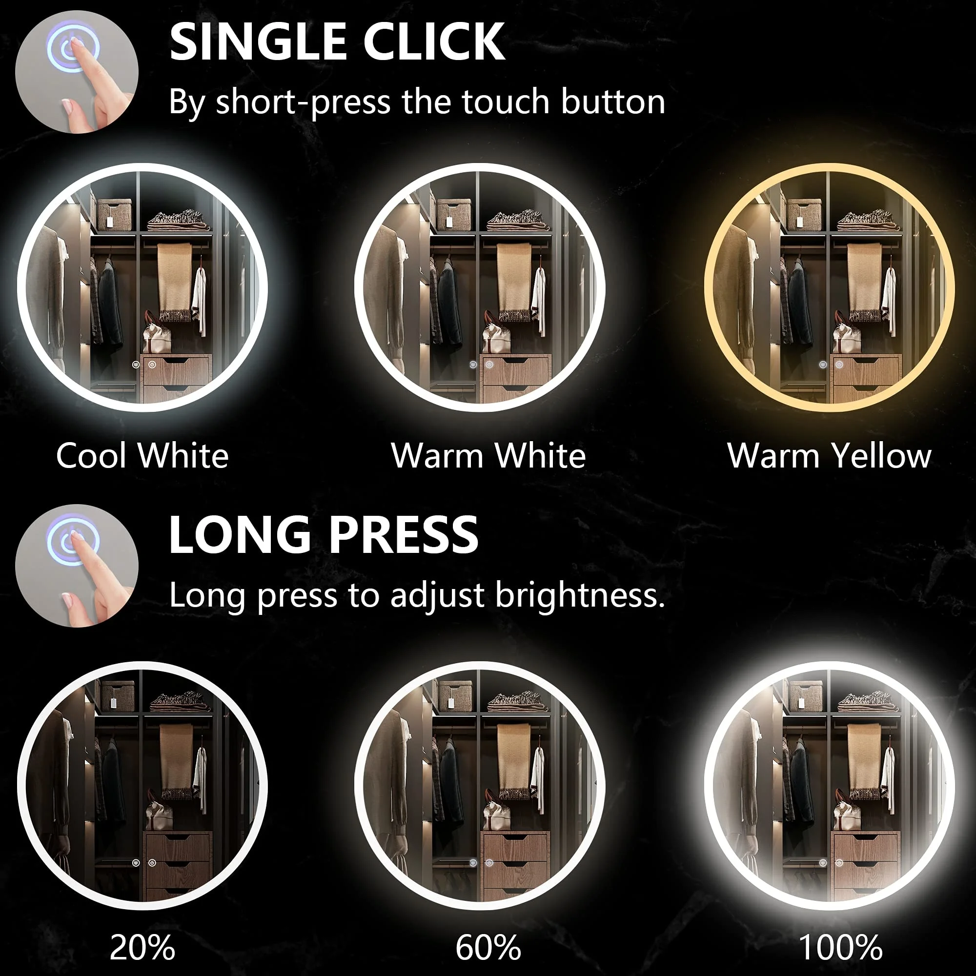 Stepless Dimming Frosted Edge Wall Hanging Toilet Dresser Makeup Round Mirrors Bath Wall Mirror With Led Light