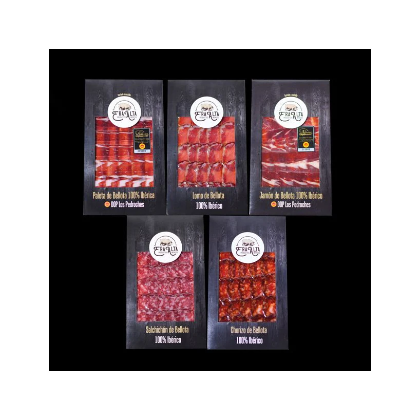Era Alta Iberian Delicious food. Spain Acorn fed iberian 100%. Vacuum pack iberian pigs black salt sliced ham meat for sale
