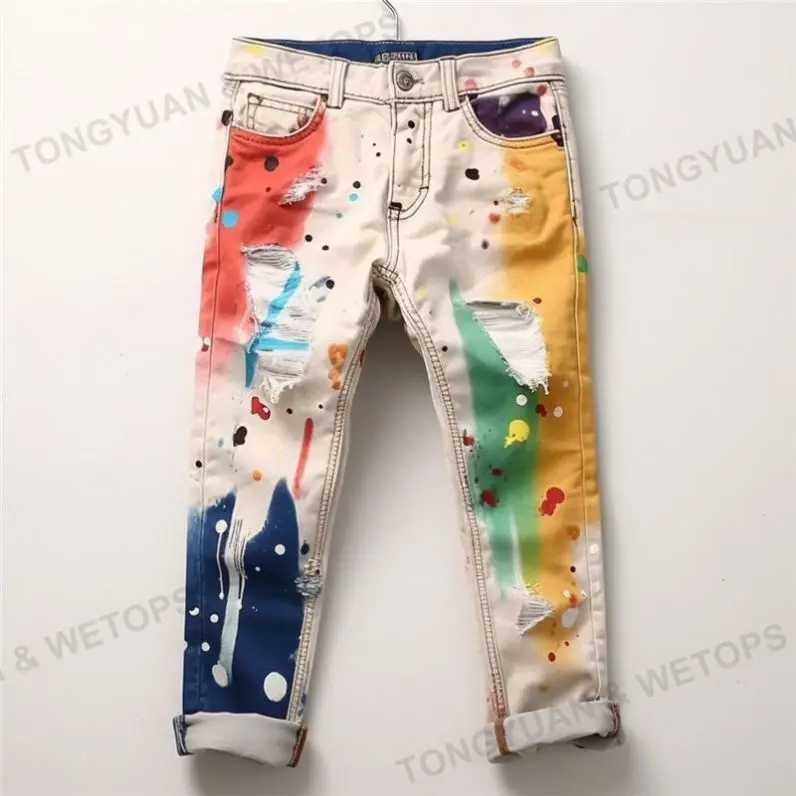 Wholesale Children Elastic Waist Jean Pants Paint Print Side Stripe Denim Ripped Straight Jeans For Kids Boy