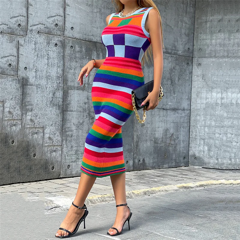 Colorful Plaid Striped Sleeveless Midi Round Neck Women Fall Knit Dress 2022