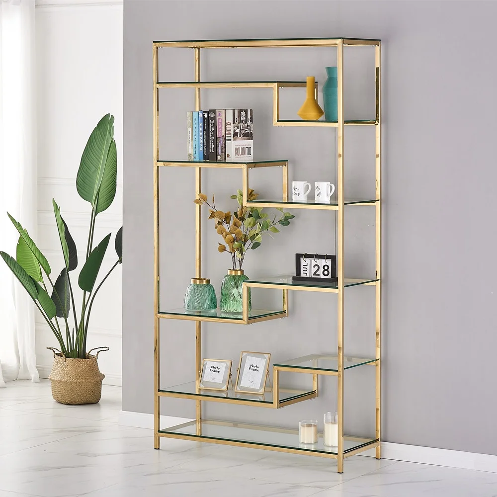 2022 Home Office Furniture Customized Luxury Modern Gold Stainless Steel And Glass Bookcase Storage Cabinet Rack Bookshelf