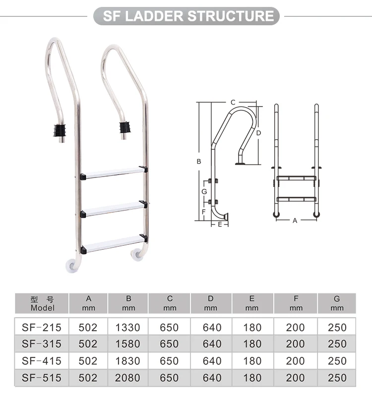 Pikes Durable Stainless Steel 304 316 Swimming Pool Ladder 2 3 4 5 Steps Anti-Slip Pool Ladder