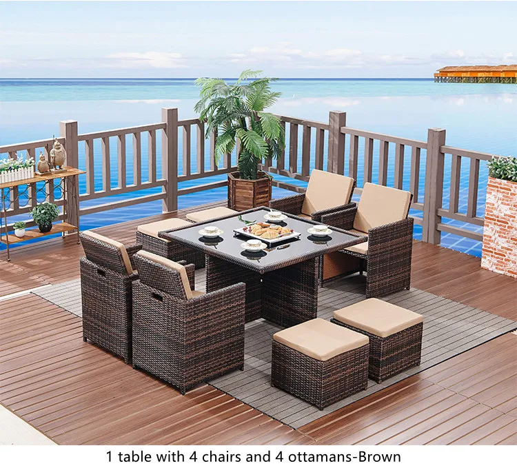 Outdoor Modern Garden Sets Furniture Space Saved Courtyard Patio Waterproof Wicker Rattan Dining Table And Chairs Set