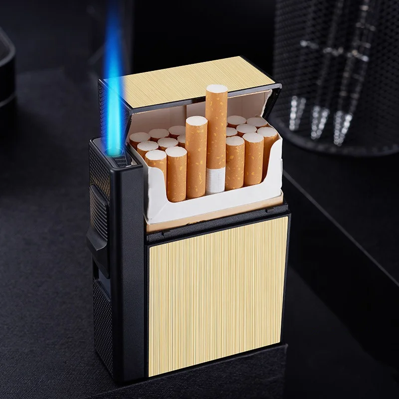 Customizable 20pcs Capacity Metal Cigarette Box Blue Flame Straight Design Electric Lighter Alloy Paper Plastic Material Storage