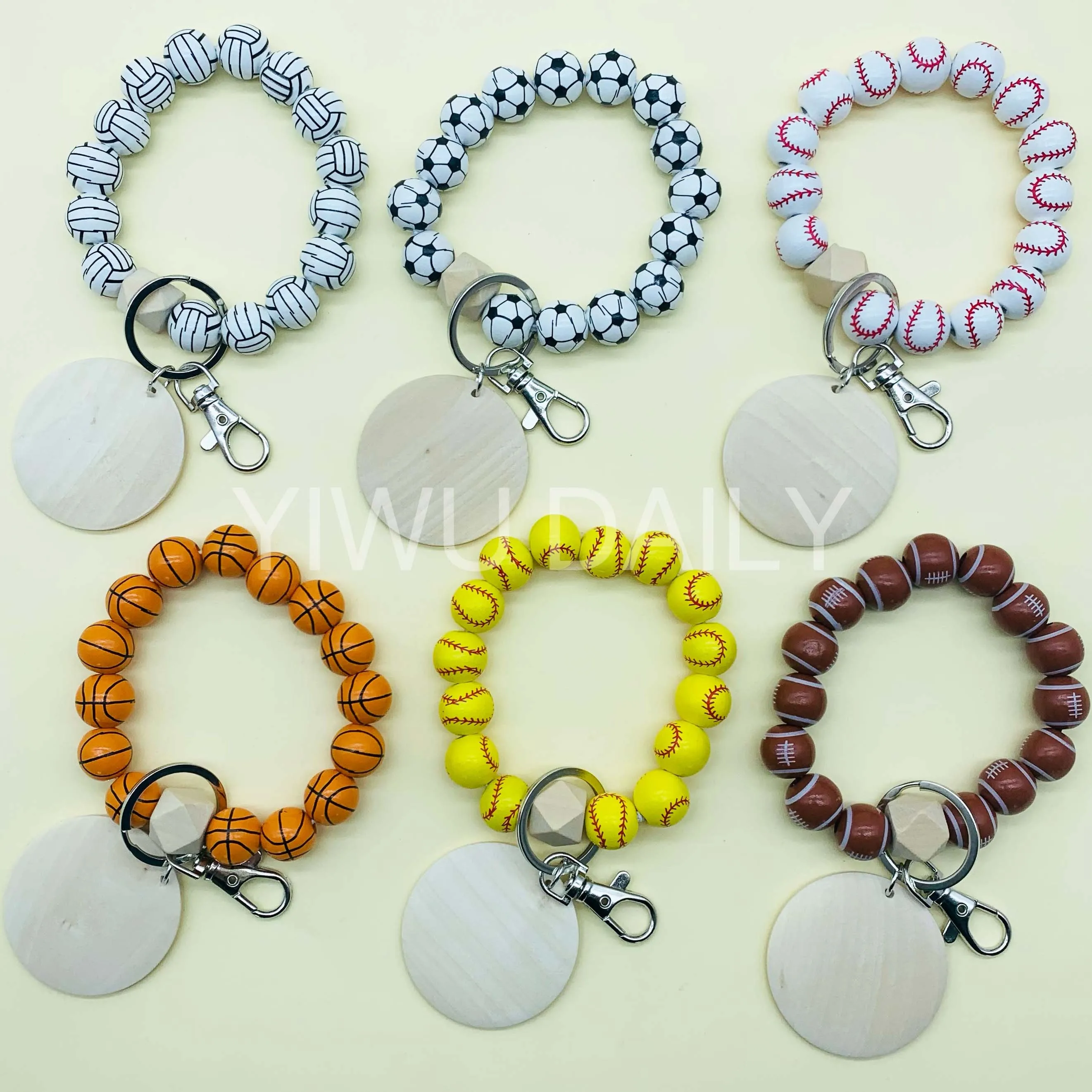 Custom Baseball Sporty Wristlet Key Ring Wood Disc Rugby Football Basketball Wooden Beaded Bracelet keychain