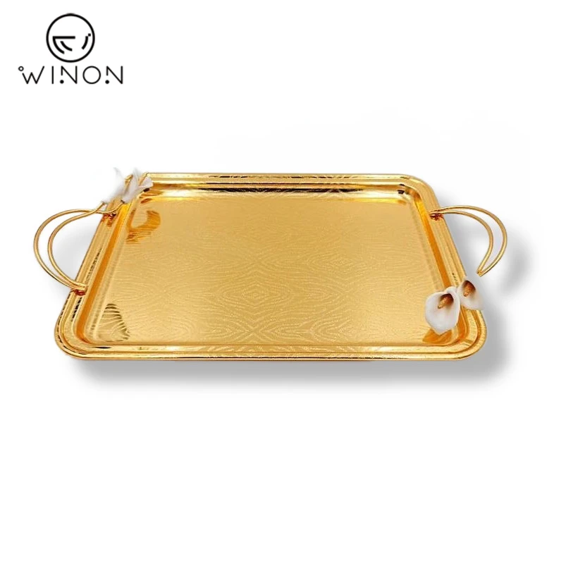 Elegant Household Hotel Golden Plated Table Decoration Unbreakable Rectangle Sharp 14 inch Serving Tray for Wedding Party