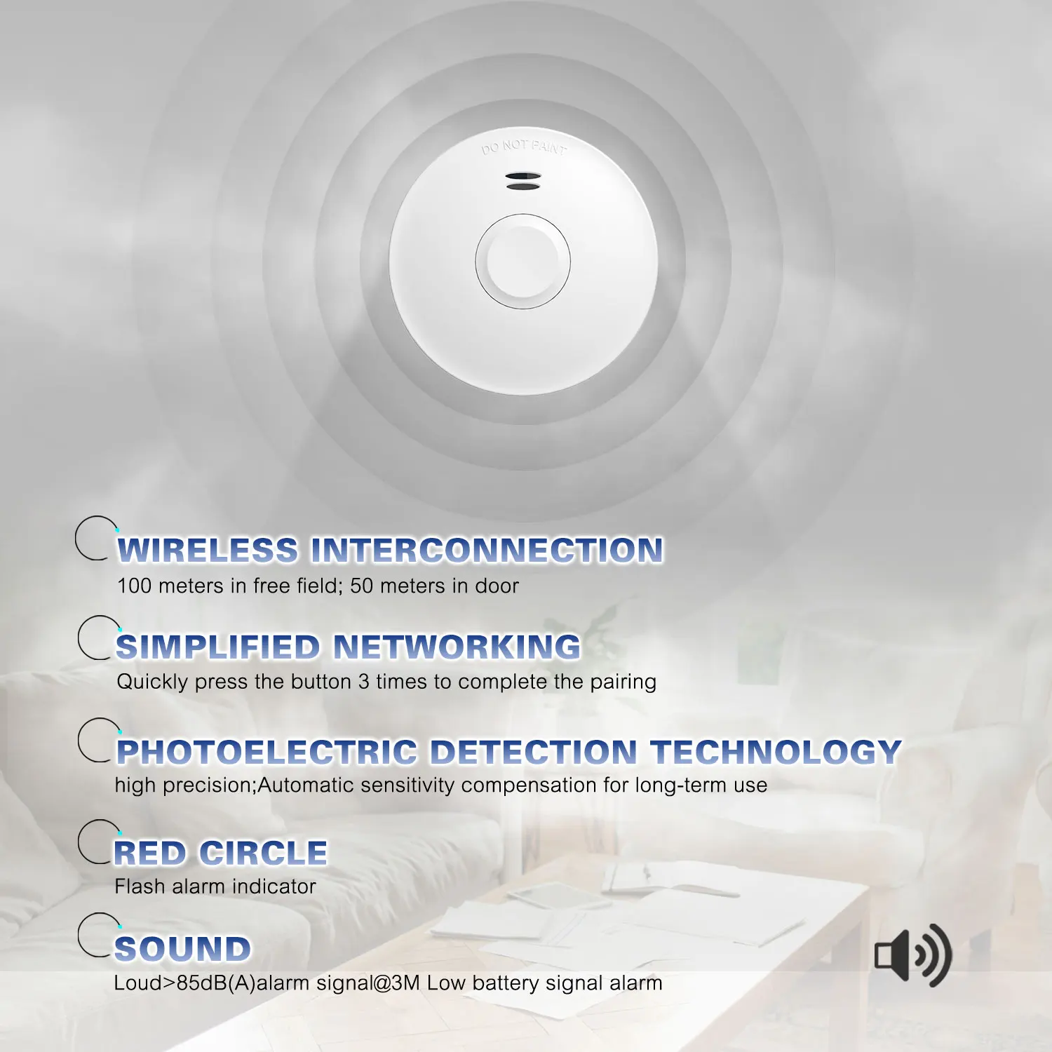 
Manufacture VDS Q Label loud 85dB EN14604 Intertek Professional Wireless Smoke Alarm 