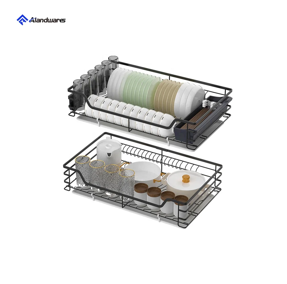 Kitchen Cabinet Organizers Corner Rolling Drawer Two Tiers Floating Shelves with Storage Wire 4 Sides Pull Basket