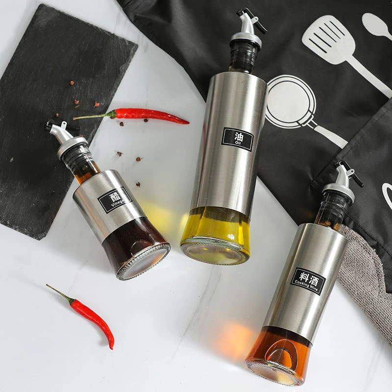 Press-type stainless steel oil bottle household kitchen leak-proof glass soy sauce vinegar seasoning bottle cooking bottle