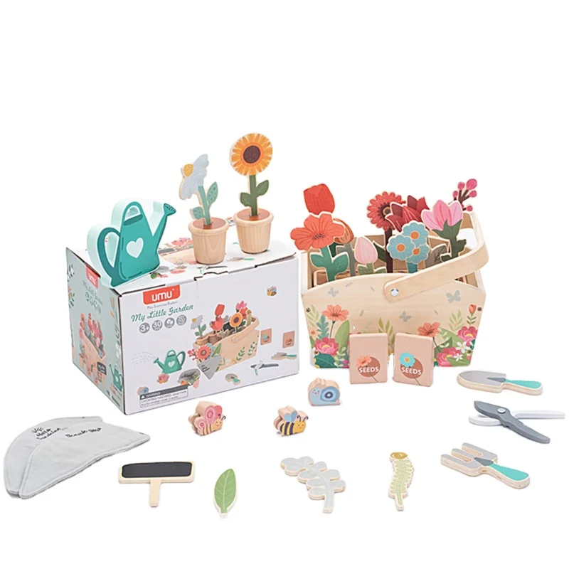 Kids Wooden Toys Flower Garden Set Christmas Flowers Blocks Gift Set Educational Garden Toys For Girls Boys