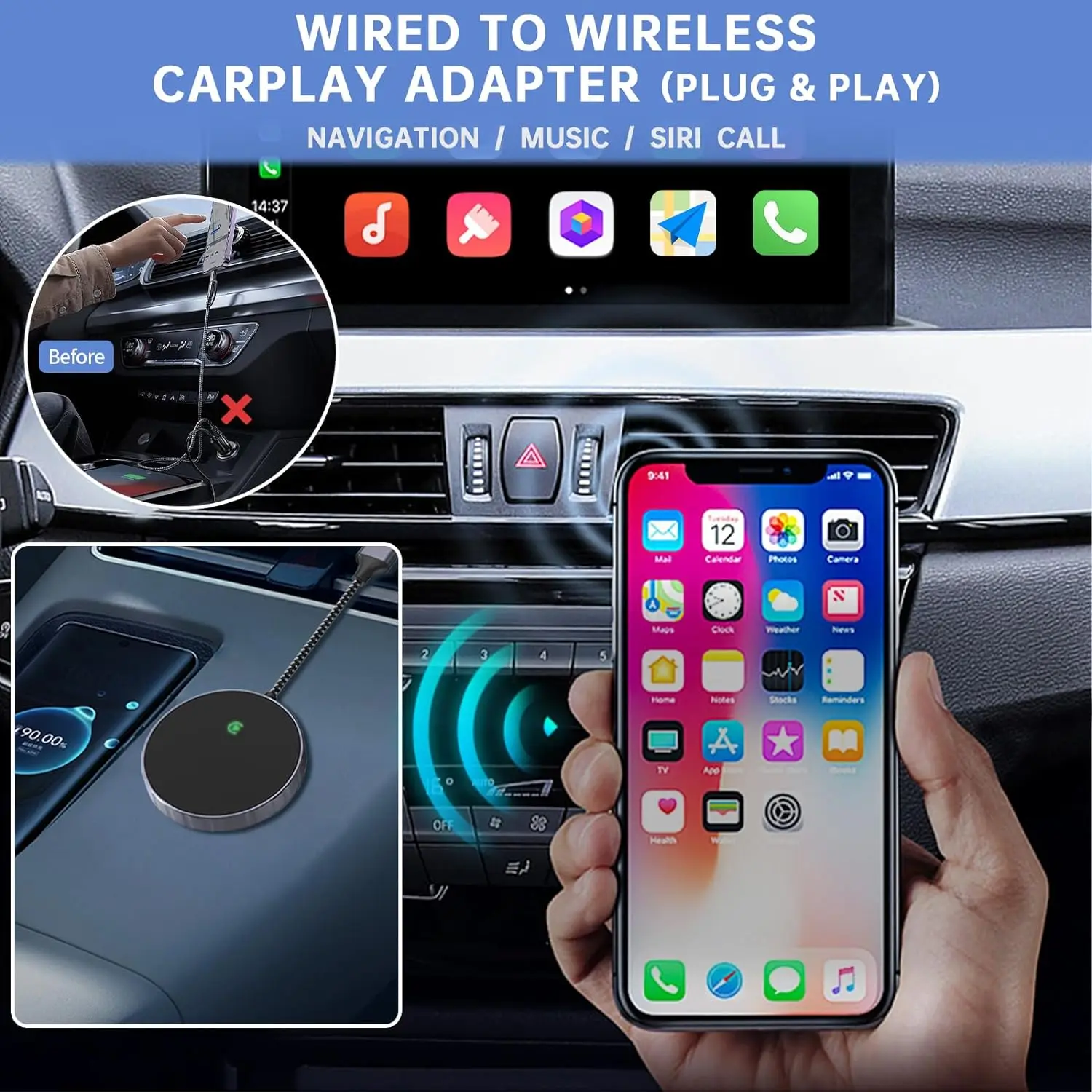 Автомобильный адаптер BOYI с проводным переходом в беспроводной Carplay для беспроводного управления подходит автомобилей от 2015 Plug & Play Black