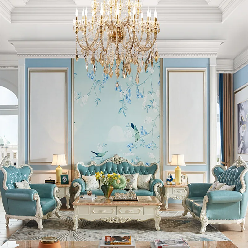 ProCARE European sofa American villa living room genuine leather solid wood carving living room sofa sets