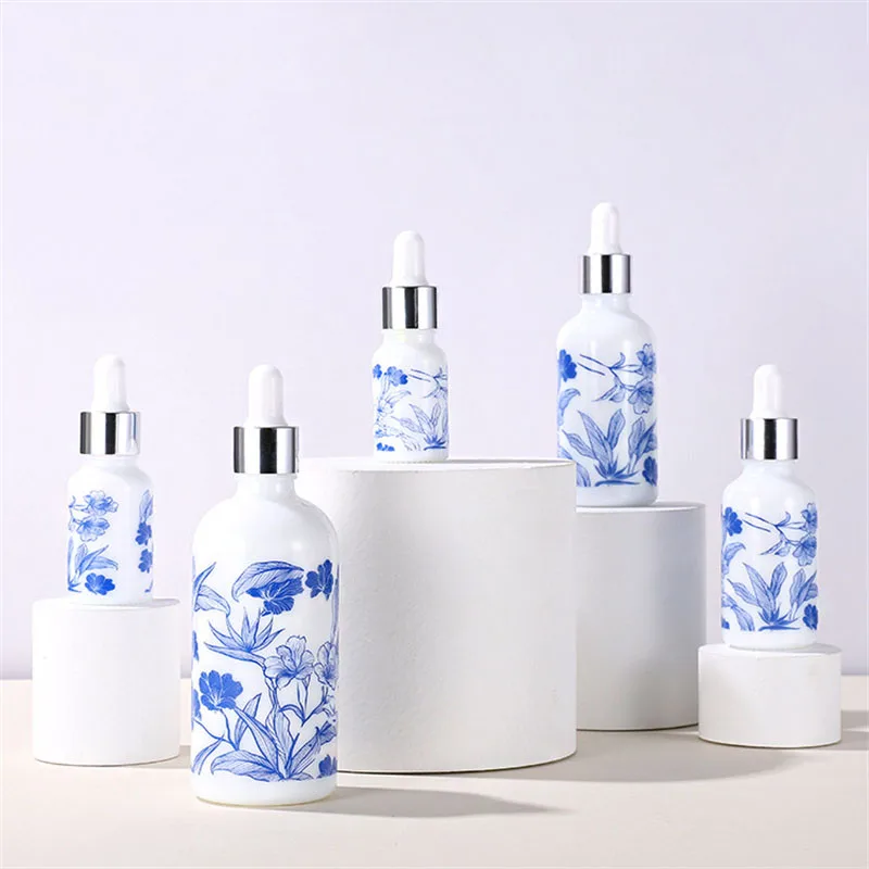 10ml 15ml 30ml 50ml 100ml Cosmetic Serum White Glass Dropper Bottle White Porcelain Printed Oil Dropper Bottle