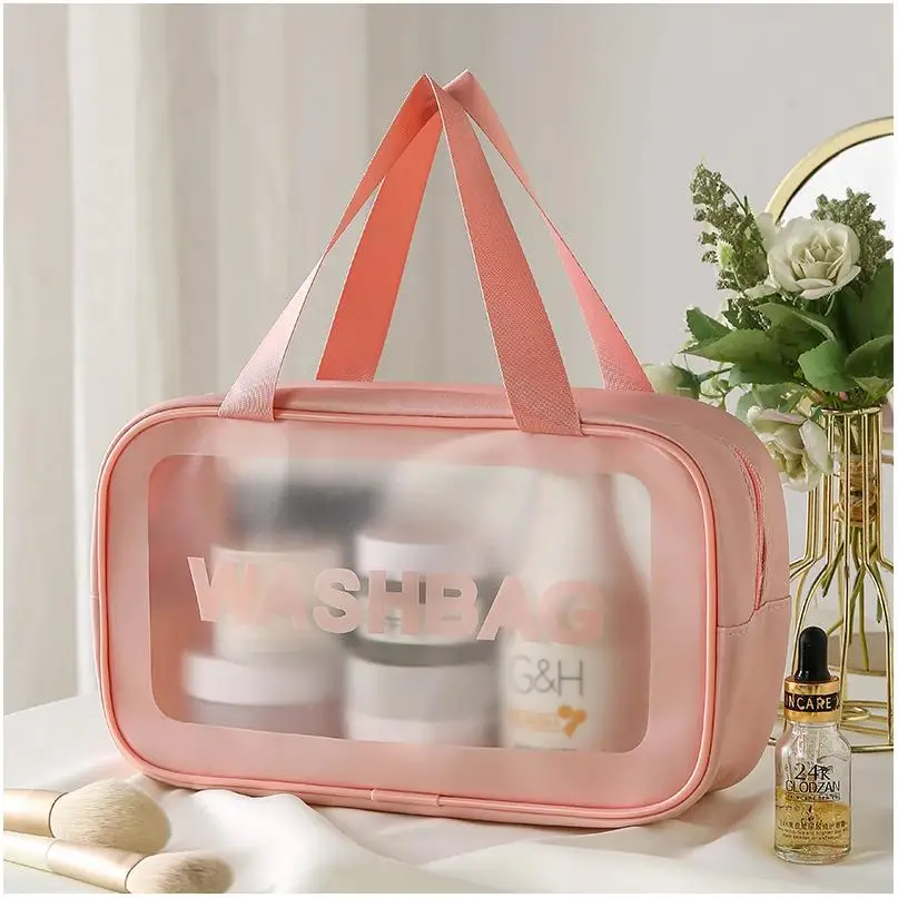Travel Tote Bags Ladies Storage Transparent Pink Mesh Silicone Drawstring Clear Zipper Cosmetic Frosted Plastic Zip Top Bag