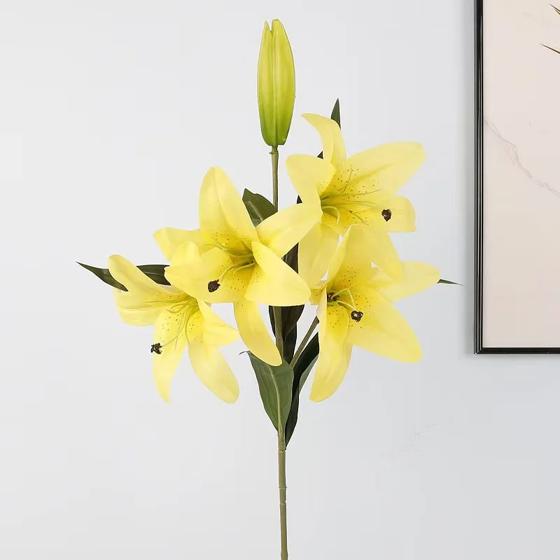 Hot Selling PU 5 Heads White Pink Natural Touch Artificial Lily Wedding Flower For Home Party Decoration Table Center Piece
