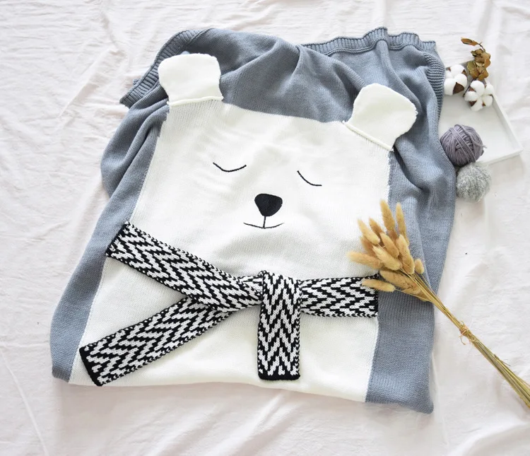 2022 Wholesale Fancy Breathable Organic Cotton Knit Baby Blanket Baby Knitted Blanket with Bear