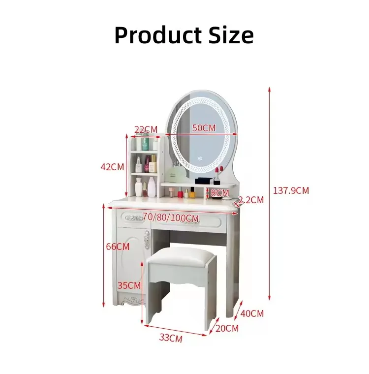 Dressing Table European Small Makeup Table with Oval Mirror and 2 Drawers and Door for Bedroom Dressing Room White