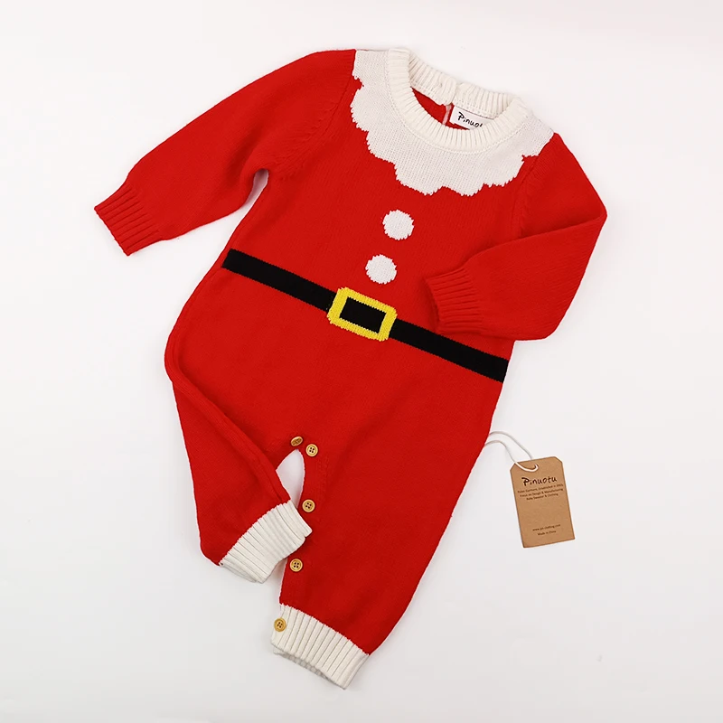 Pinuotu Baby Knitted Romper Custom Christmas Long Sleeve Toddler Sweater Rompers Holiday Outfits Kids Knit Jumpsuits