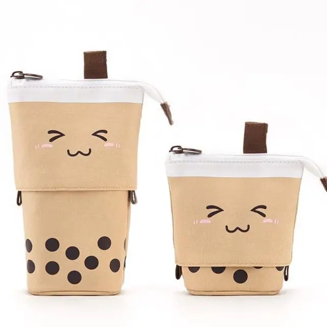 1 Set Cute Boba Milk Tea Telescopic Pen Bag Pen Pencil Holder Stationery Case Stand Up Pencil Case Pen Box Stationery Pouch Bag