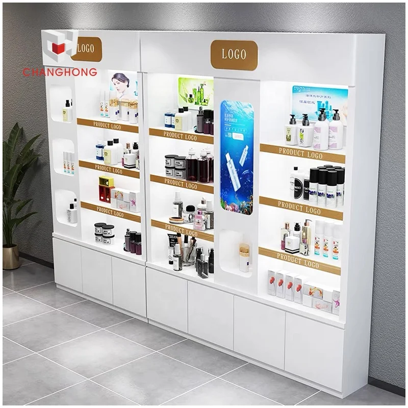 Salon perfume makeup retail store display fixtures high design cosmetic shelves racks with cabinet for cosmetic shops