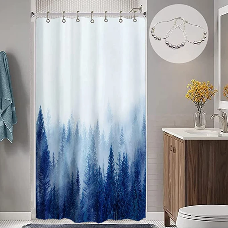 Fashional design misty forest logo waterproof polyester bathroom shower curtains with hooks