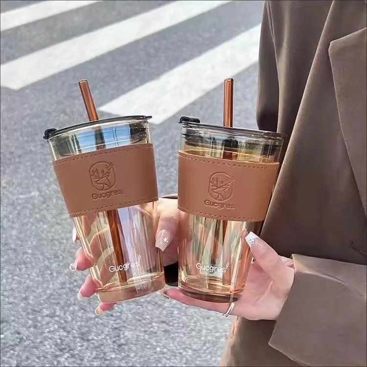 Hot Sales Luxury Electroplated 350ml/450ml Takeaway Glass Cup Coffee Water Drink Cup Mug With Straw And Silicone Sleeve