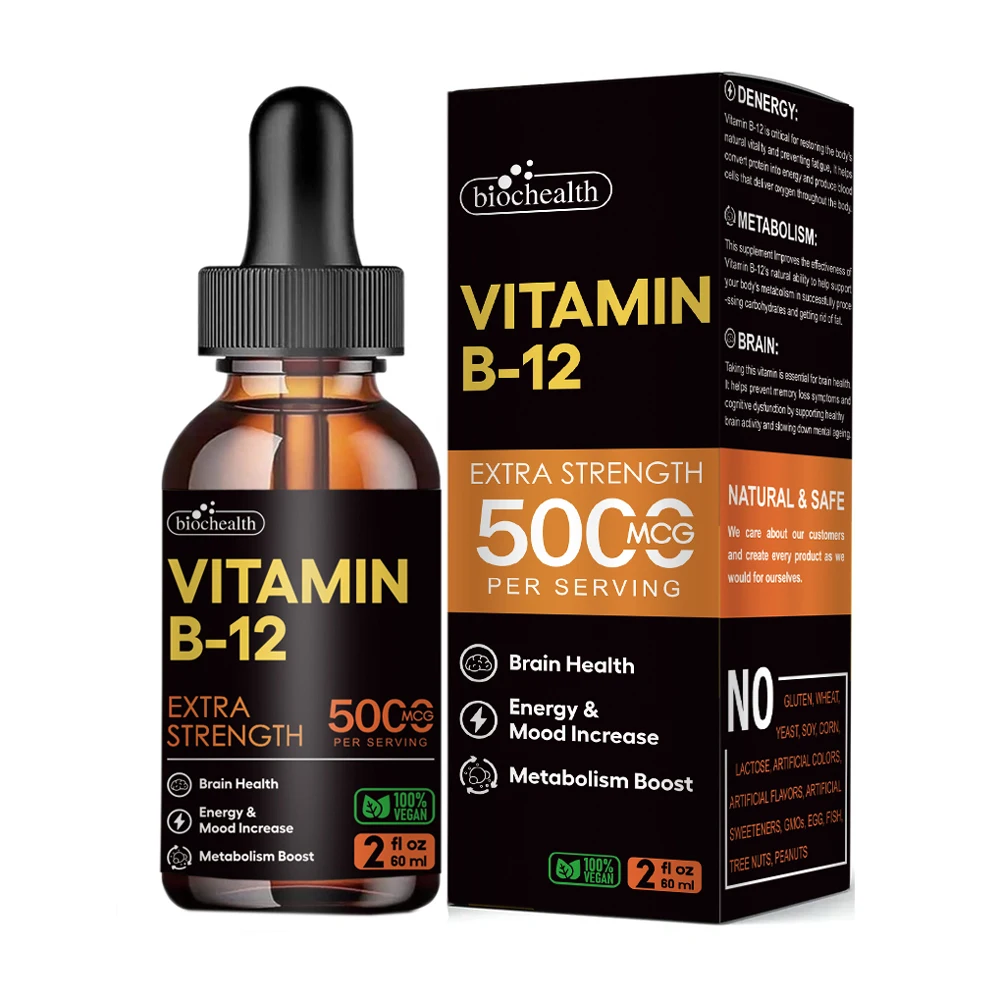 Biocaro private label vegan b12 5000 mcg drops liquid supplement energy mood increase metabolism boost brain vitamin b12 drops