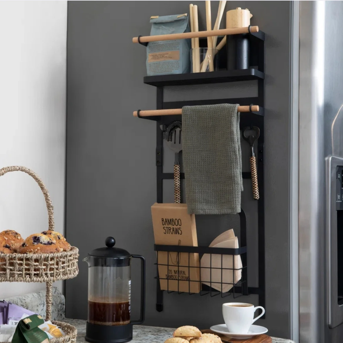 Magnetic Fridge Spice Shelf Rack Kitchen Refrigerator Side Shelf Wall Mount Storage Organizer Paper Towel Holder