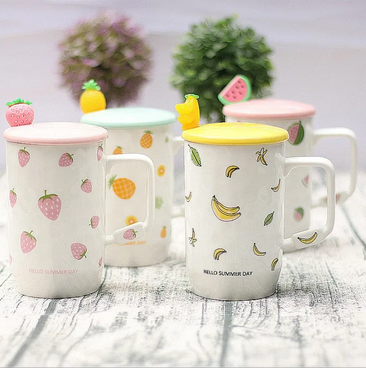 UCHOME Creative colorful fruit casual cup with lid with spoon cup strawberry banana ceramic mug