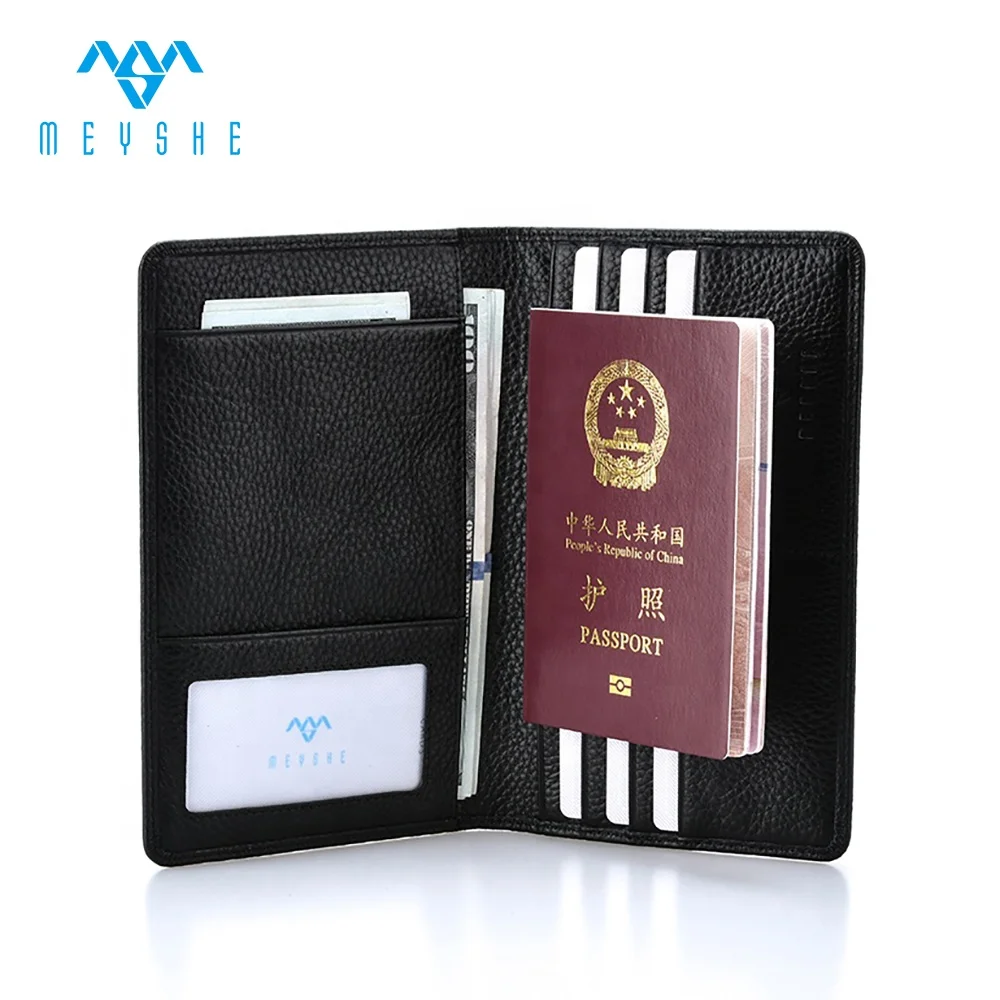 Factory price hot sale black genuine leather family travel wallet passport card holder