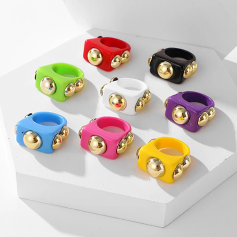  Punk Gold Bead Transparent Resin Acrylic Square Rings for Women Trendy Big Geometric Round Chunky Finger Jewelry