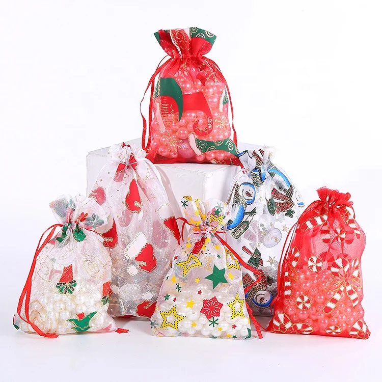 10*15cm New Year Party Organza Pouches Star Pattern Jewelry Candy Drawstring Pouches Christmas Organza Bags