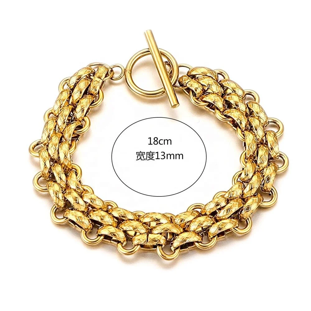 2024 New style pvd 18k gold plating hip hop 13mm width stainless steel smooth textured mesh link chain bracelet