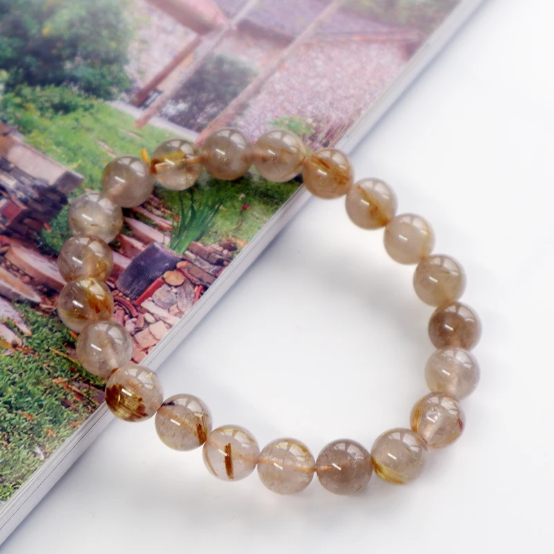 Round Beads Elastic Stretchable Bracelet Rutilated Quartz Crystal Genuine Natural for Men Women 8mm Golden Ball Gemstone Beads -
