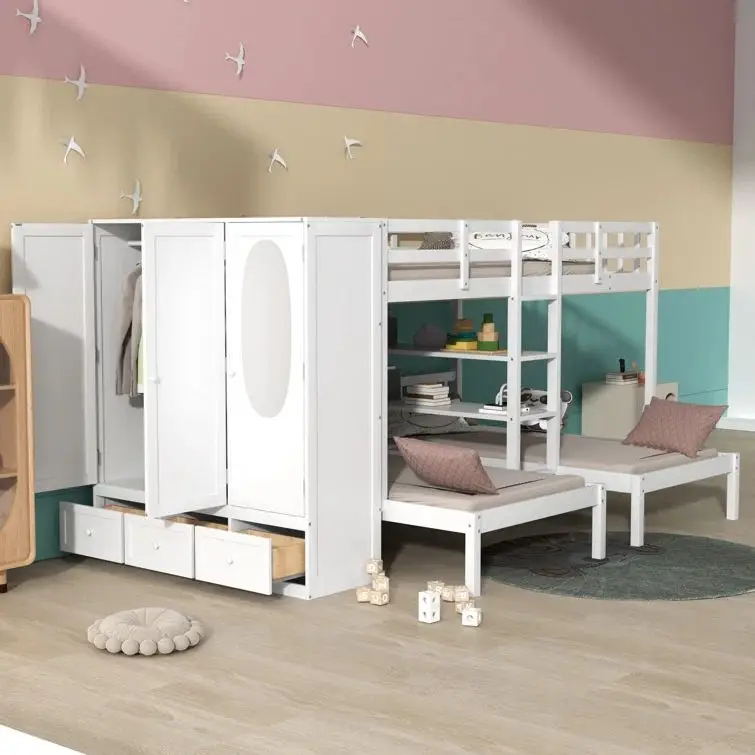 Modern Twin over Twin Full Bunk Bed with 3 Drawers Shelves Pine Wood Panel for Kids for School Hotel Hospital Outdoor Use