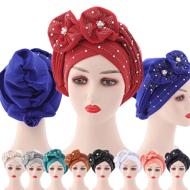 Larger Flower Head Cover Nail Rhinestone Pearls Solid Head Wrap Hijab Ladies Party Cap Head Turban Bonnet For Women