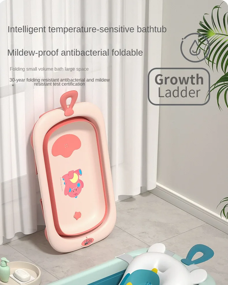 Folding Plastic Kids Bathtub Foldable Baby Bath Tubs Set Collapsible With Stand Temperature And Cushion For Infant Children