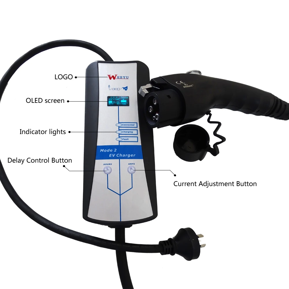 7kw 32A портативное зарядное устройство AC EV с зарядным кабелем Mode 2