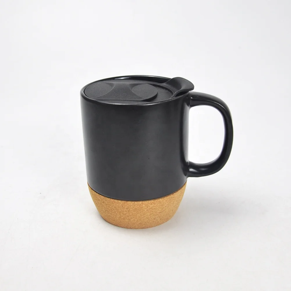 ceramic coffee mug with cork base and pp lid matte black and white color nordic style