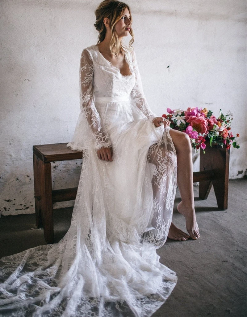 11170#Lace V Neck Bridal Dress Long Sleeve Sweep Train Bohemian Boho Beach Wedding Gown