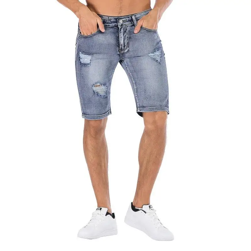 High Quality Summer Custom Washed Blue Slim Fit Men Ripped Jean Denim Plus Size Shorts For Men