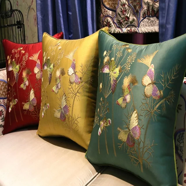 china factory hot sale embroidered 100% polyester silk doupioni cushion cover for home deco