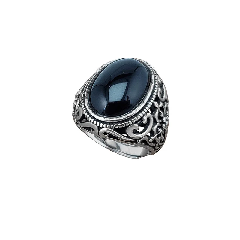 Daidan Trendy Rings Adjustable Men Rings Silver 925 Agate Stone Black Onyx Punk Natural Stone Ring