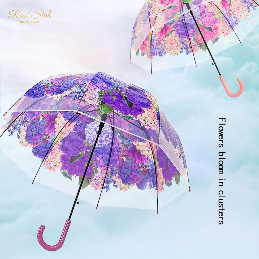 RST dome transparent POE plastic beautiful woman flower printing clear umbrella