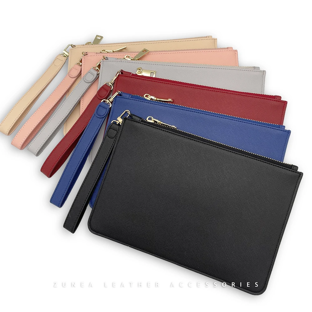 Hot Sale Lady Custom Logo Print Vegan PU Saffiano Leather Toiletries bag Stamped Zip Pouch Cosmetic makeup Clutch Bag for woman