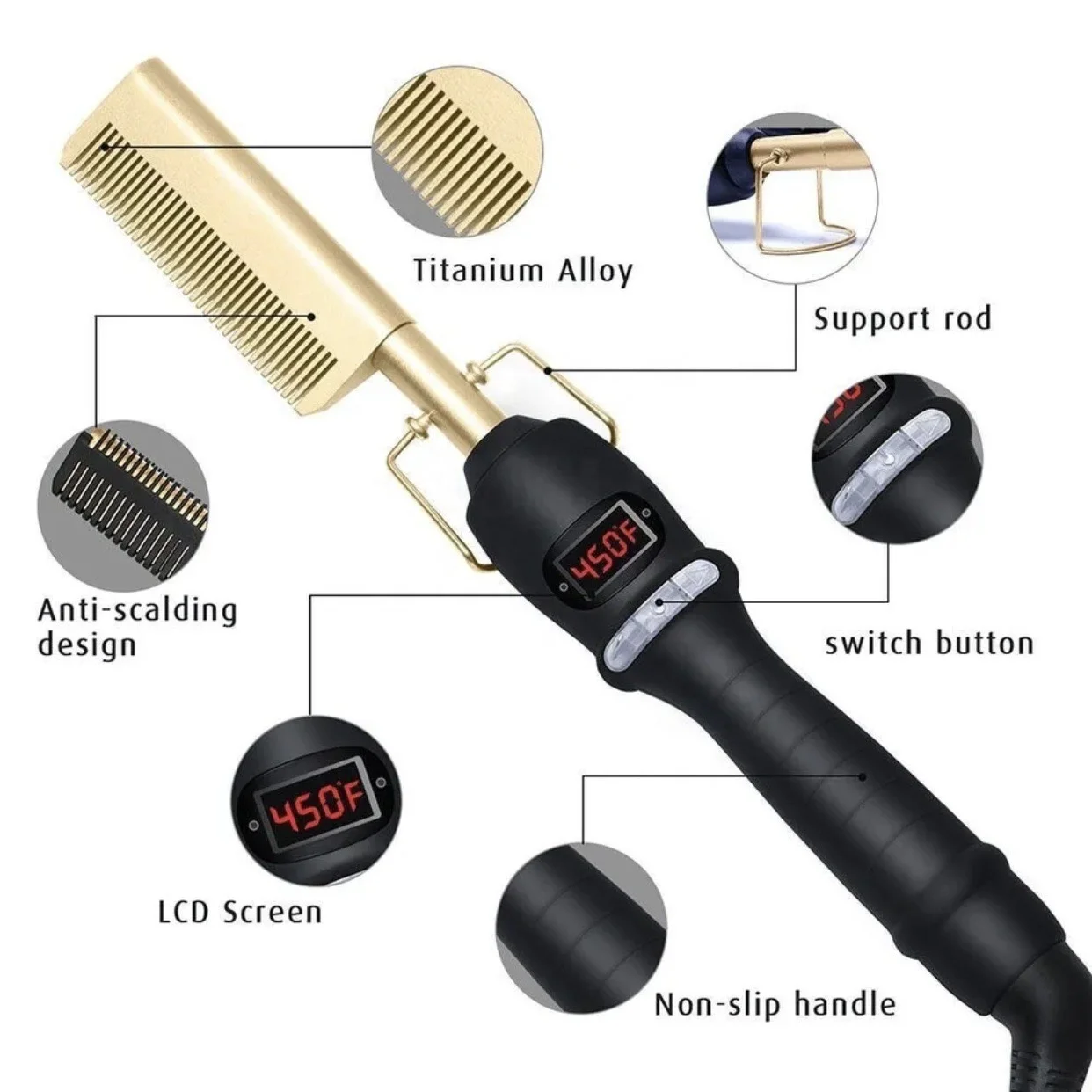 Copper Metal Hot Hair Comb Beauty Salon 450F Fast Heating Curling Iron Copper Comb 00 Degrees Electric Hair Straightener Comb