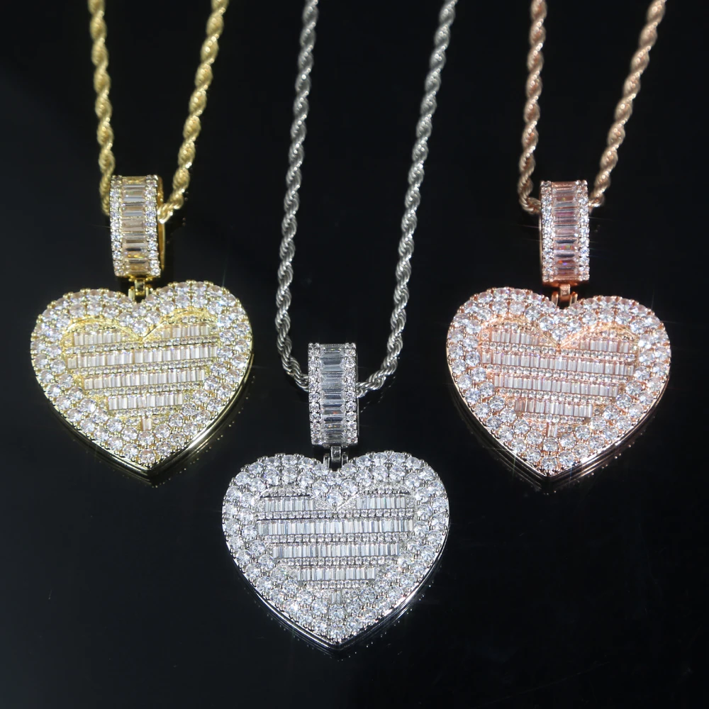 Iced out bling rectangle cz heart shaped locket pendant heart photo frame necklace