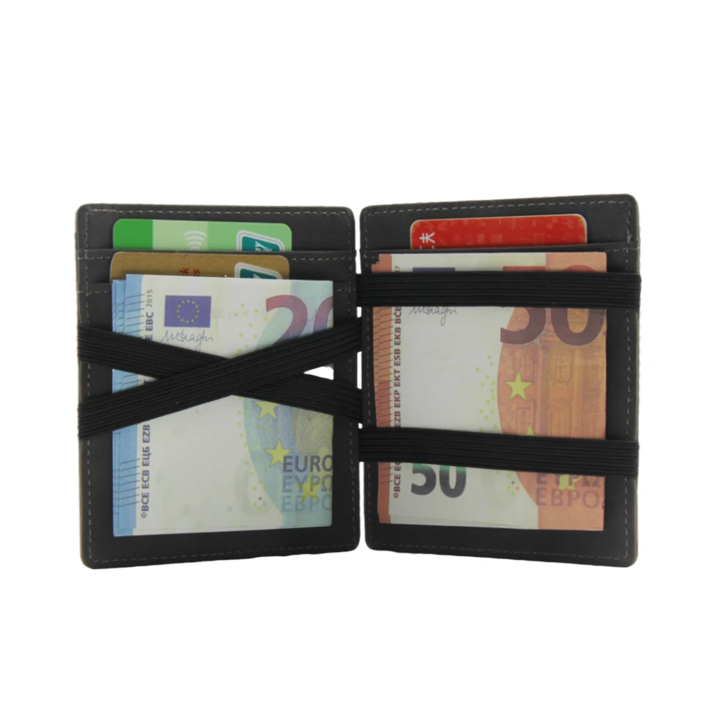 Slim magic elastic strap wallet mens rfid crazy horse pu leather smart wallet with zip coin pocket